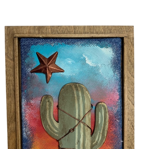 Mixed Media Wall Art Saguaro Cactus Scene Sunset Stars Desert Southwest 6 x 8 - Picture 2 of 4